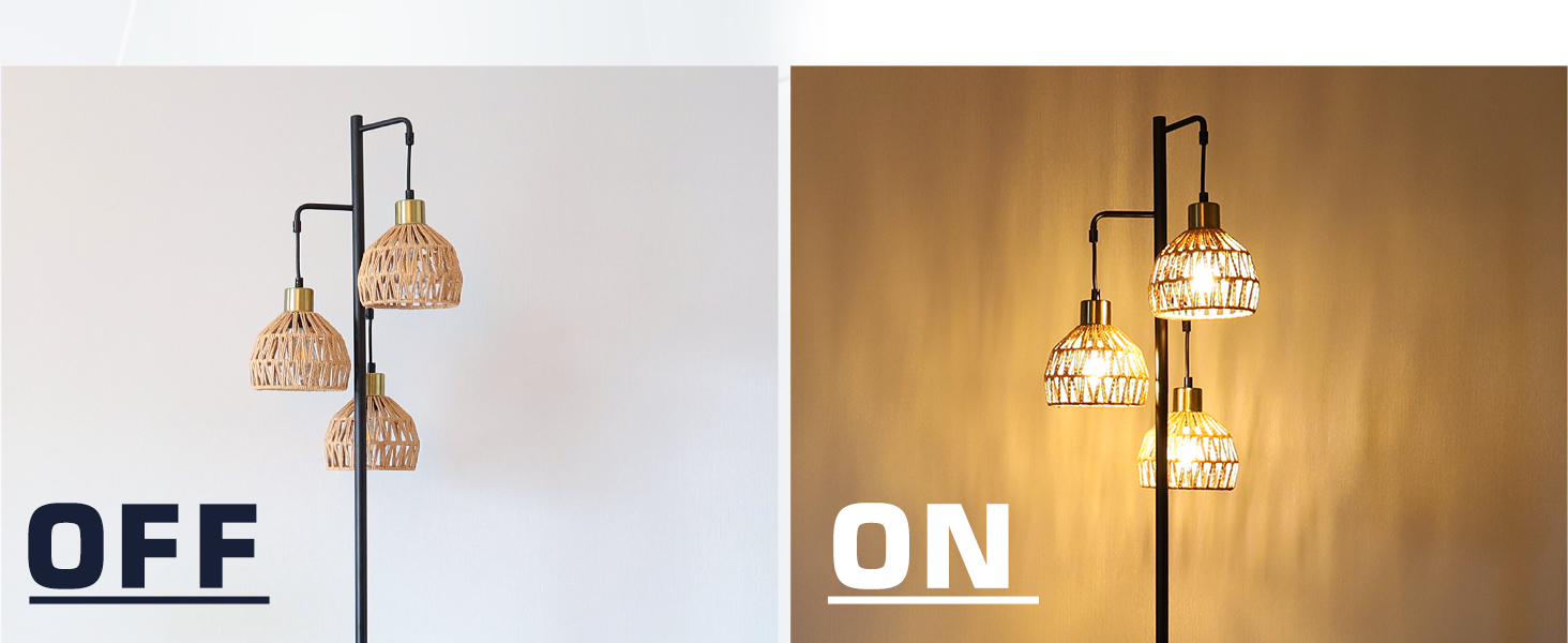 Стійка лампа ShineMuse Boho з ротангу, чорна, вінтаж, 170 см, 3 E27, LED, диммер, для вітальні