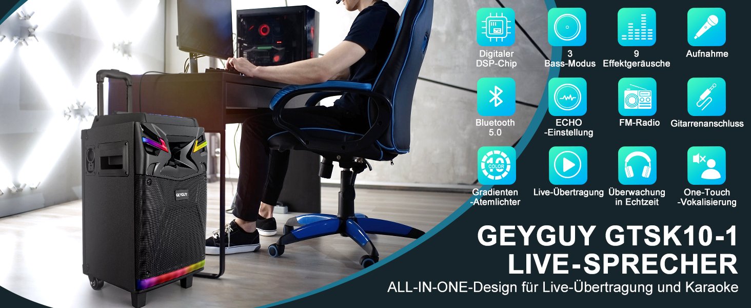 Портативна караоке система з Bluetooth та 2 мікрофонами, 2 x 10” динаміки, USB-C запис, світлові ефекти, FM, підтримка TV/проектора, GTSK210-1