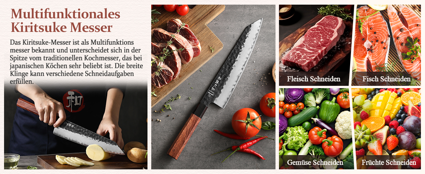 HEZHEN 21.5cm Kiritsuke Chef's Knife - 3-Layer Forged Steel, Japanese Kitchen Knife with Redwood Handle & Wooden Sheath