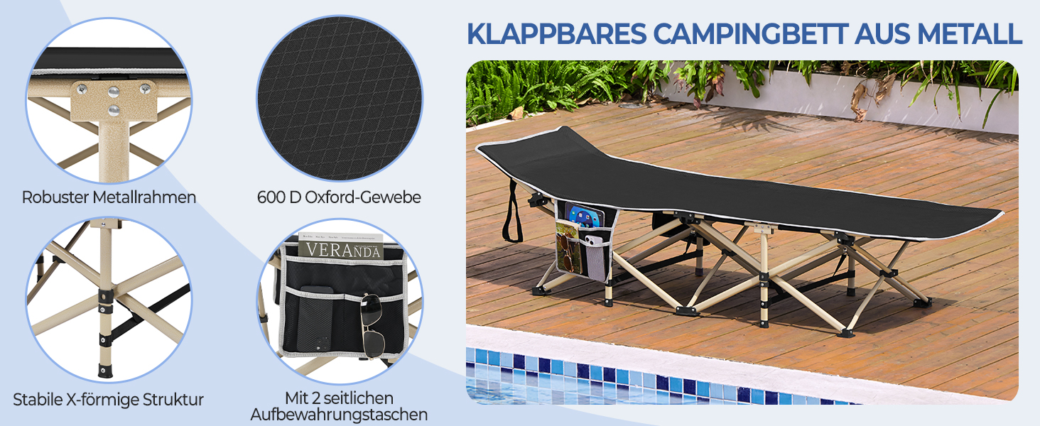 Ліжко гостьове Yaheetech складане, кемпінгове, з бічною кишенею та сумкою для транспортування, до 150 кг (Чорне)