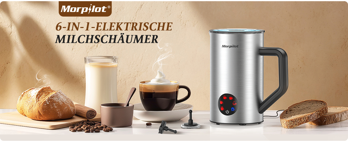 Електричний піногасник для молока Morpilot, 650W, нержавіюча сталь, 350мл, для гарячого та холодного молока, сумісний з посудомийною машиною