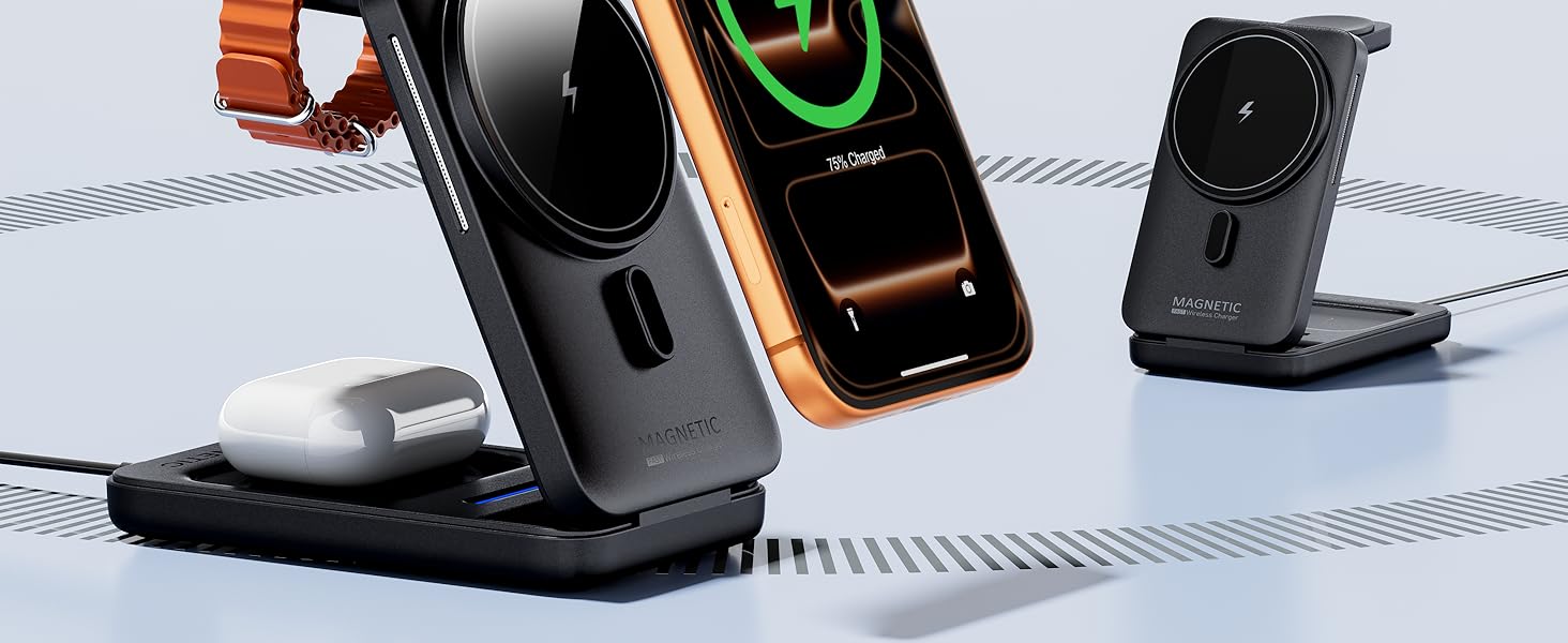 Magsafe зарядна станція 3-в-1 для Apple Watch та iPhone (чорна) – швидка зарядка, адаптер 20W