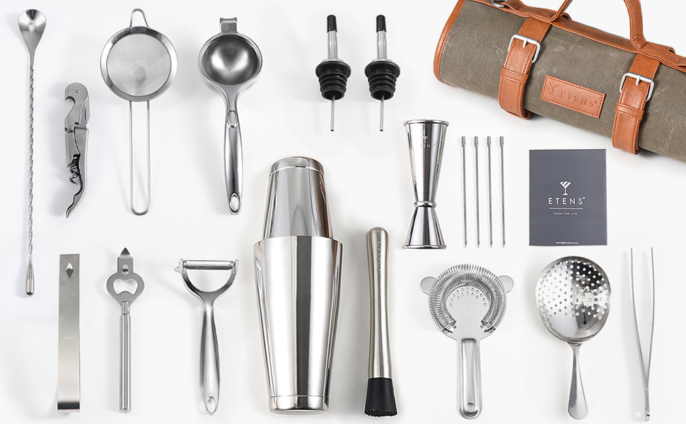 Набір бармена 22 предмети: барний аксесуар з нержавіючої сталі та воскована сумка, Boston Shaker, Jigger, сіто, прес для лимонів