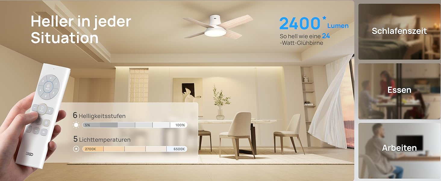 Вентилятор стельовий Dreo з підсвічуванням та пультом, 112 см, чорний, 5 лопатей, 6 рівнів регулювання яскравості, 6 швидкостей, тихий, таймер, легка збірка, для спальні