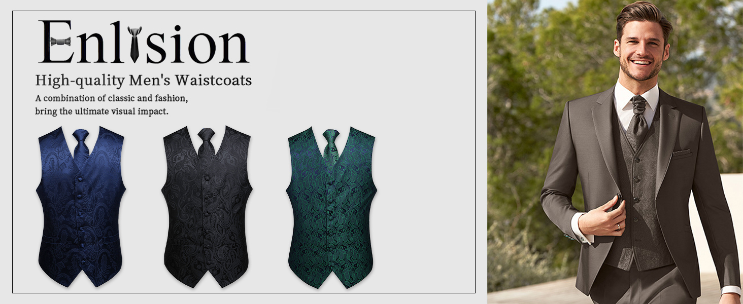 Чоловічий жилет Enlision з паєтками, краватка та нагрудний хустинка - комплект для весілля, вечірки, ділових зустрічей, XS-6XL, Морський блакитний