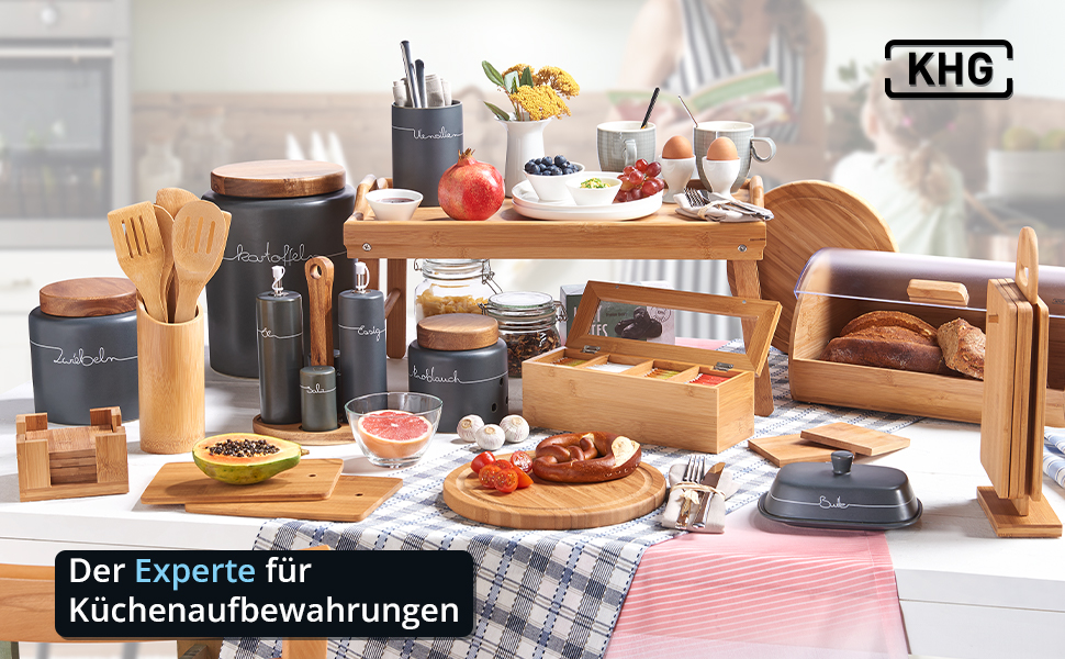 Набір контейнерів для зберігання KHG для кухні, антрацитово-сірий колір з дерев'яними кришками, кераміка, стеатоліт, з маркуванням, органайзер для кухні, без пластику, світлонепроникний, повний набір