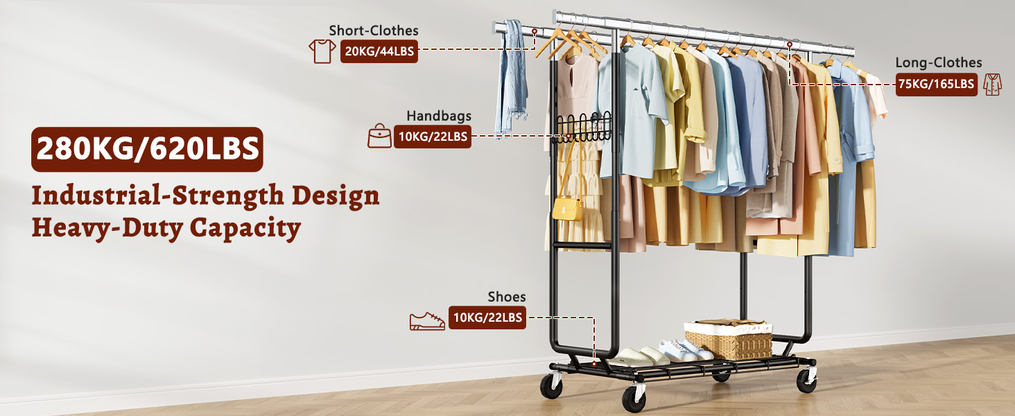 Стійка для одягу на колесах FAVOOOSTY, металева, мобільна, до 200 кг, чорна, 2 стяжки