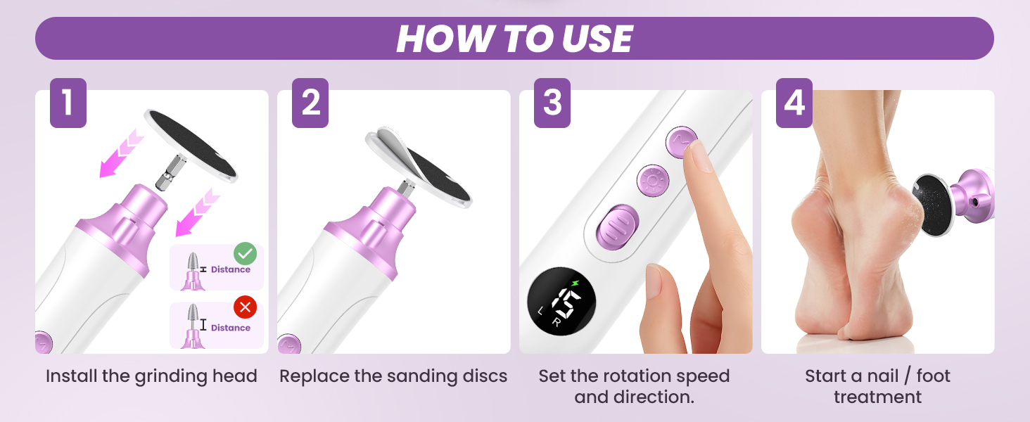 Електричний набір для манікюру та педикюру з 9 насадками та 15 швидкостями, LED-підсвічуванням, W-Lila