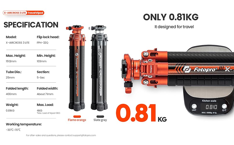 Штатив Fotopro Carbon X-Aircross 3 Lite: Легкий карбоновий штатив 151 см з кульковою головкою 360° та швидкознімною платформою. Макс. навантаження 10 кг, блакитний.