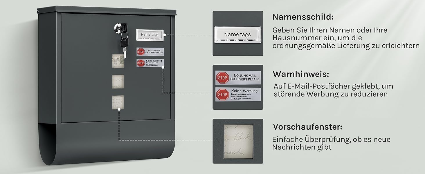 Поштовий ящик WOLTU з газетницею та вікном, замок, табличка для імені, вуличний, антрацит 37x37x10.5 см