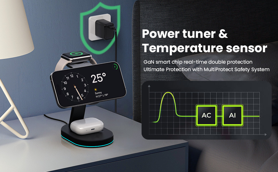 Бездротова зарядка 3-в-1 з MagSafe, USB-C та нічником для iPhone 16/15/14/13/12, Apple Watch та AirPods, A-Schwarz