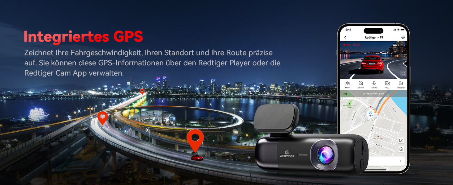 Автомобільний відеореєстратор REDTIGER 4K Ultra HD (передній та задній), GPS, 5.8GHz WiFi, нічний режим, режим паркування, підтримка карт пам'яті до 256ГБ, модель F9