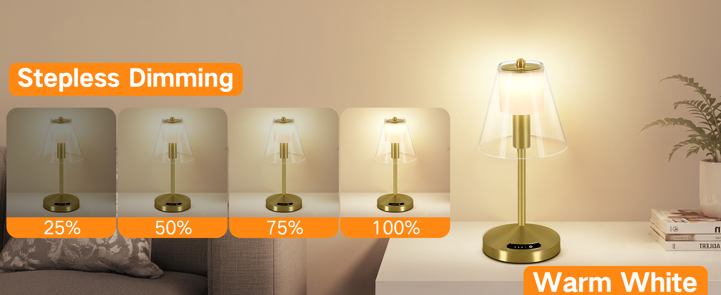 OUTON Бездротова настільна лампа Gold – LED лампа з торканням, регулювання яскравості, 3 режими кольору (3000K–6000K), акумулятор 4000mAh, USB-C, до 120 годин роботи, пам'ять, для спальні, бару та декору, золота