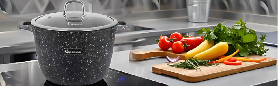Каструля Goldmann 28 см з алюмінію з нержавіючою сталлю (10 л) з силіконовими ручками, антипригарне покриття з мармурової кераміки та скляною кришкою