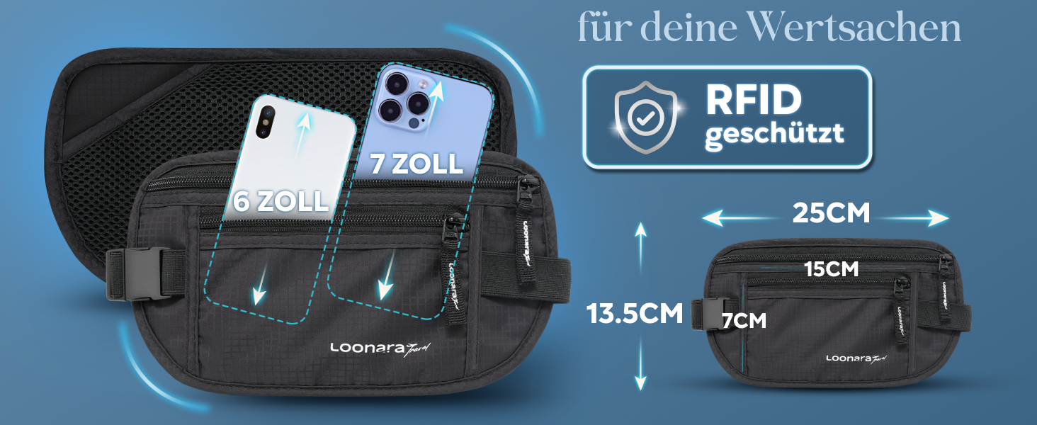 Чоловіча/жіноча поясна сумка з RFID захистом (водостійка) - поясний ремінь для безпечних подорожей. Підходить для спорту, бігу та подорожей (чорна)