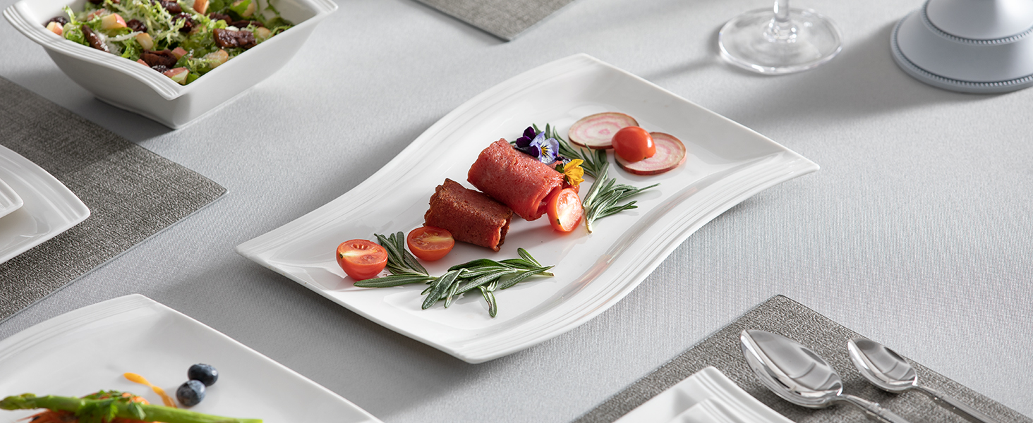 MALACASA Комплект посуду серія Flora, 26 предметів, кремово-білий, порцеляна. Тарілки, супові тарілки, десертні тарілки, великі тарілки, прямокутні блюда.