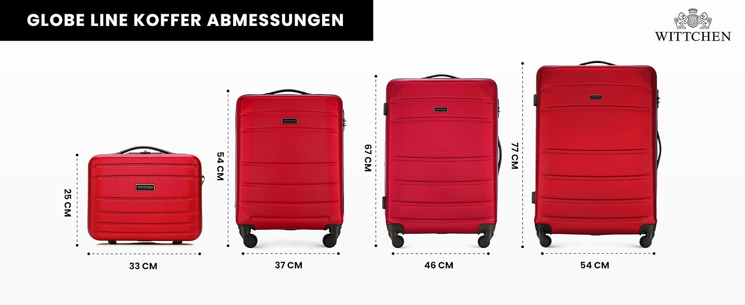 ЧемоданWITTCHEN Globe Line: Ручна поклажа, Trolley з ABS, 4 колеса, кодовий замок, телескопічна ручка, розмір S, підходить для Lufthansa/Eurowings/Ryanair/Condor/Discover Airlines (Набір з 4 шт., Червоний)
