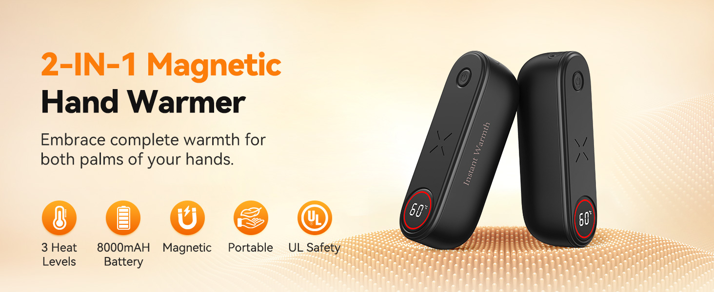 Електричний грієчка для рук 2-в-1 магнітний, 8000 mAh, 3 режими до 60°C, миттєвий нагрів, Dual USB-C, для активного відпочинку, подарунок, Raynauds, чорний