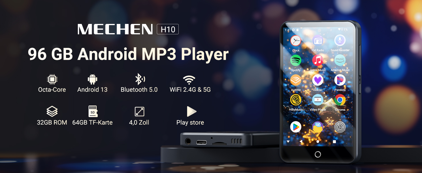 MP3 плеєр Mechen 96GB Android 13 з Wi-Fi, Bluetooth, Spotify, FM радіо, сенсорний екран 4 дюйми. Підтримка Amazon Music, Deezer, Audible, Play Store
