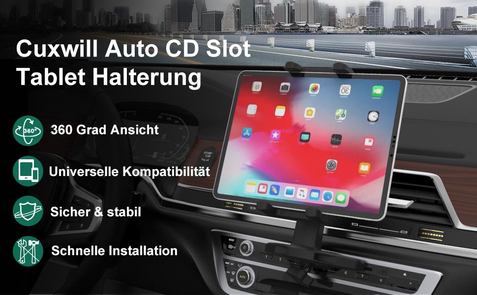 Автомобільний тримач для планшета Cuxwill у CD-слот, універсальний 360° для iPad 4-13 дюймів, смартфонів, Kindle, iPhone, монтаж у CD-привід, сумісний з iPad Pro, Air, Mini, Kindle Fire