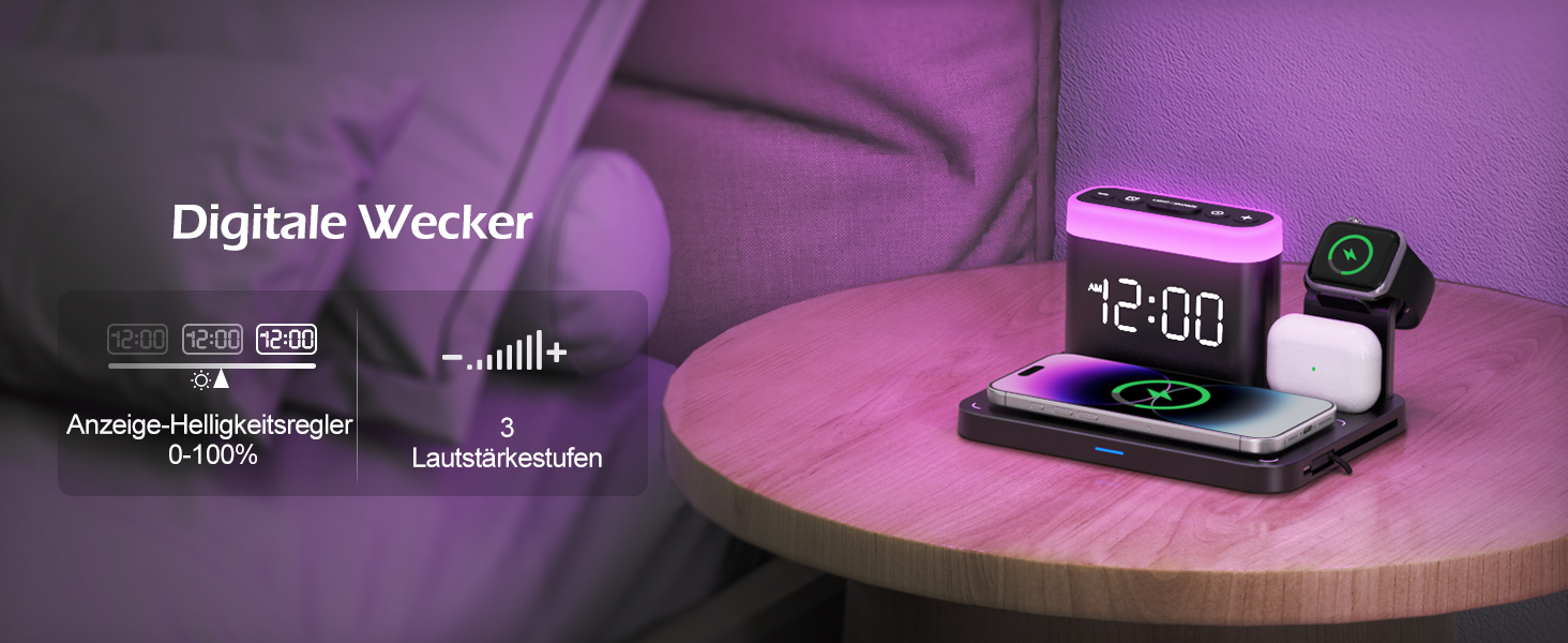 Бездрокова зарядна станція ANJANK 3-в-1 з будильником, 7 нічників та Mag-Safe для iPhone 17/16/15/14/13/12 Pro Max Plus, Apple Watch 11/10/9/8, AirPods