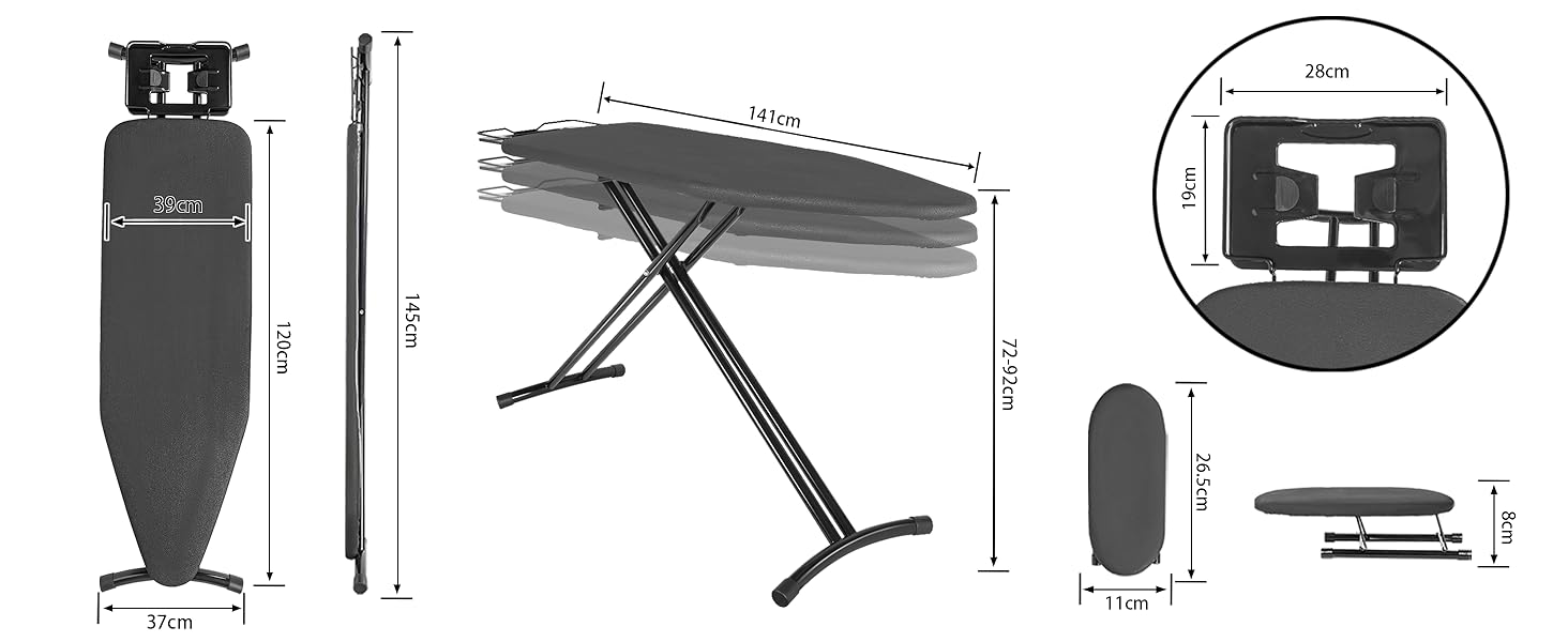 Відкидна прасувальна дошка з підставкою для праски, регульована по висоті, з неслизькими ніжками, компактна, чорна (122 x 38 см)