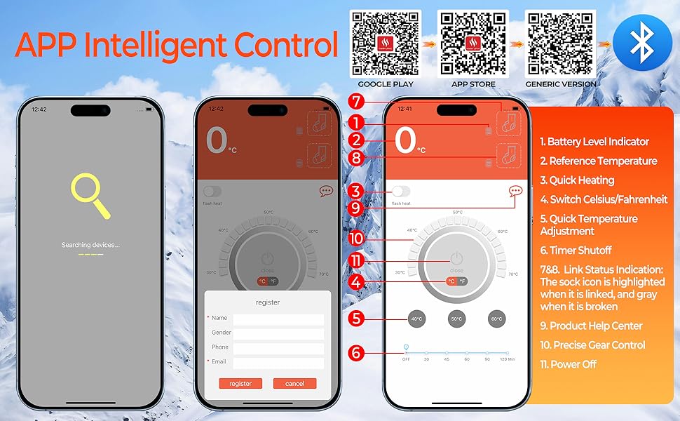 Гріючі шкарпетки для жінок та чоловіків з акумулятором 6000mAh, 9 годин роботи, керування через додаток, 4 режими нагріву, для катання на лижах, полювання, риболовлі, кемпінгу та активного відпочинку