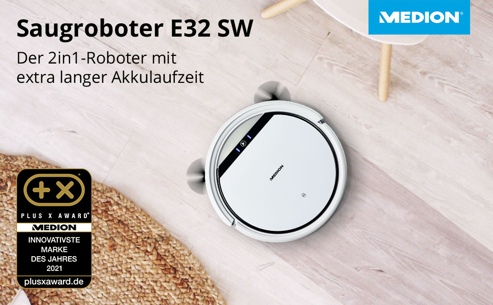 Робот-пилосос MEDION E32 SW з функцією миття підлоги (2в1) | Для твердих поверхонь, видалення шерсті тварин, підходить для алергіків | З пультом дистанційного керування, станція зарядки | Модель 2021 | Час роботи: 120 хв