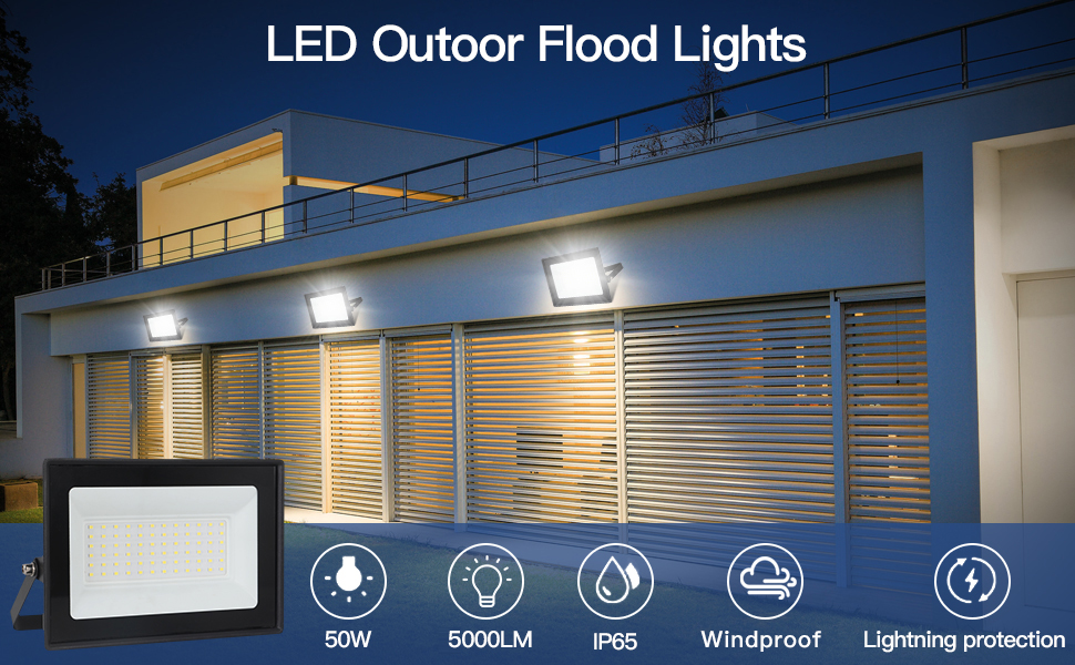 LED прожектор 50Вт для вулиці, 5000Лм, 72 LED, IP65, холодне біле світло 6500K, 230В, водонепроникний, для гаража та саду, чорний, 2 шт.