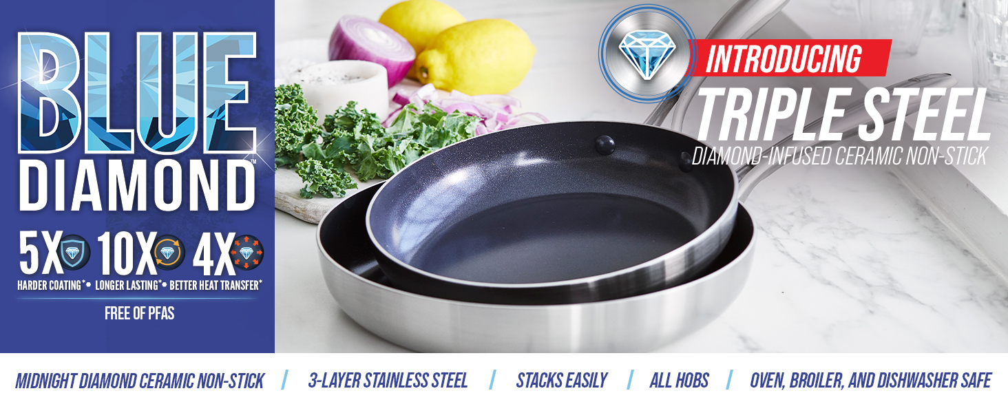 Набір сковорідок Blue Diamond Triple Steel, 2 шт, 24 і 26 см, багатошарові, з діамантовим керамічним антипригарним покриттям, нержавіюча сталь, PFAS-вільні, для індукції, посудомийної машини та духовки, сріблясті