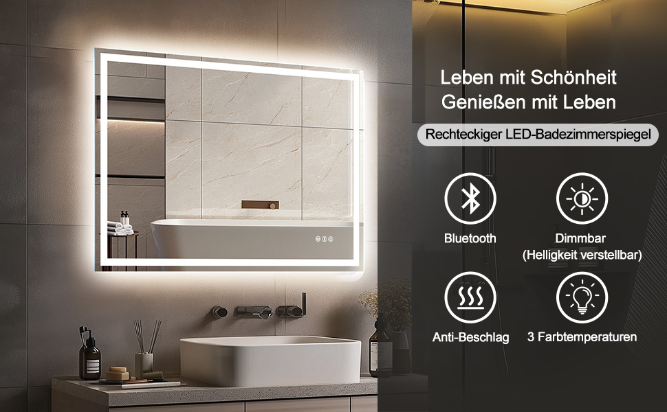 Дзеркало для ванної кімнати зі світлодіодним підсвічуванням 50x70 см, Bluetooth, сенсорне керування