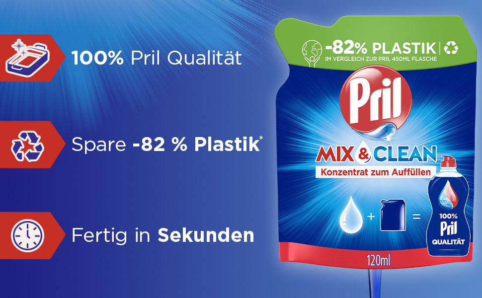 Концентрат для наповнення засобу для миття посуду PRIL Mix & Clean, висока розчинна здатність жиру, для холодної води, свіжий аромат, 9 x 120 мл