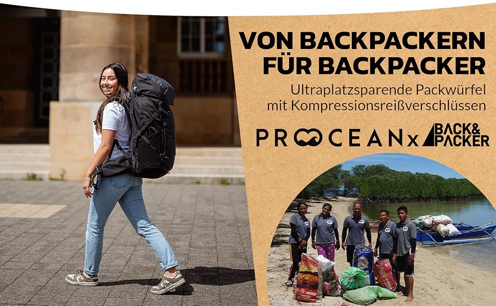 Набір органайзерів для валізи BACK&PACKER, 6 шт, з компресією, з переробленого матеріалу, оливковий, пакувальні куби та мішок для мокрого одягу