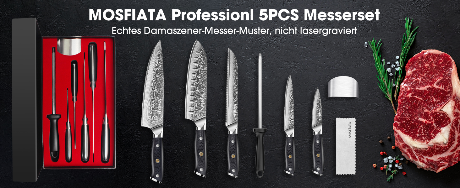 MOSFiATA 8-Inch Damascus Steel Chef's Knife Set - Japanese Kitchen Knives with Sharp Edge, Finger Guard & Sharpener - Professional Meat & Vegetable Knife Set (5-Piece)