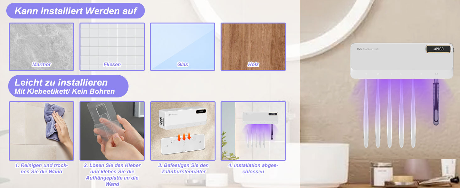 Стерилізатор зубних щіток UV з підставкою на 5 щіток, чорний. З функцією сушіння та таймером, настінний монтаж, 2000 mAh