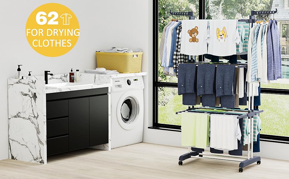 Сушарка для білизни Turm, турбо сушарка для білизни з 6 розкладних крил та 2 бічні крила, мобільна сушарка для білизни з колесами для дому та вулиці (сіра)