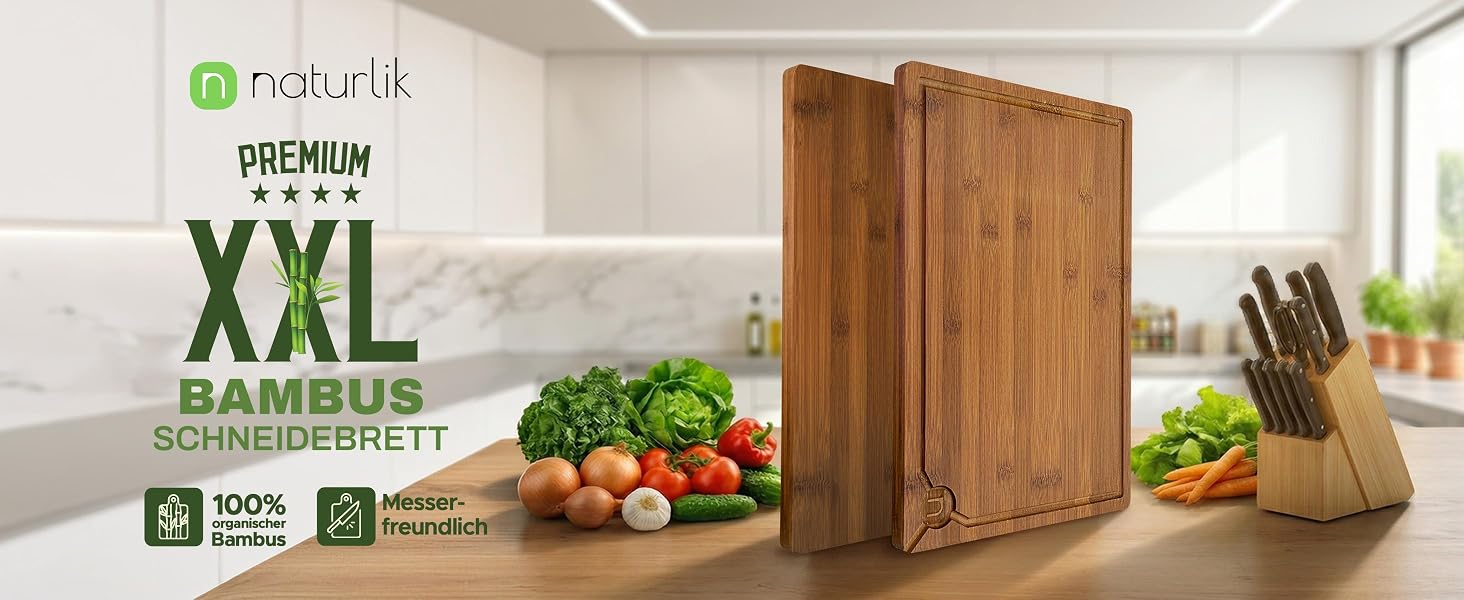 Великий обробний бамбуковий дошка Naturlik XXL 45x30 см, карбонізована дерев'яна дошка для кухні з жолобом для соку та ручками для м'яса, овочів та хліба