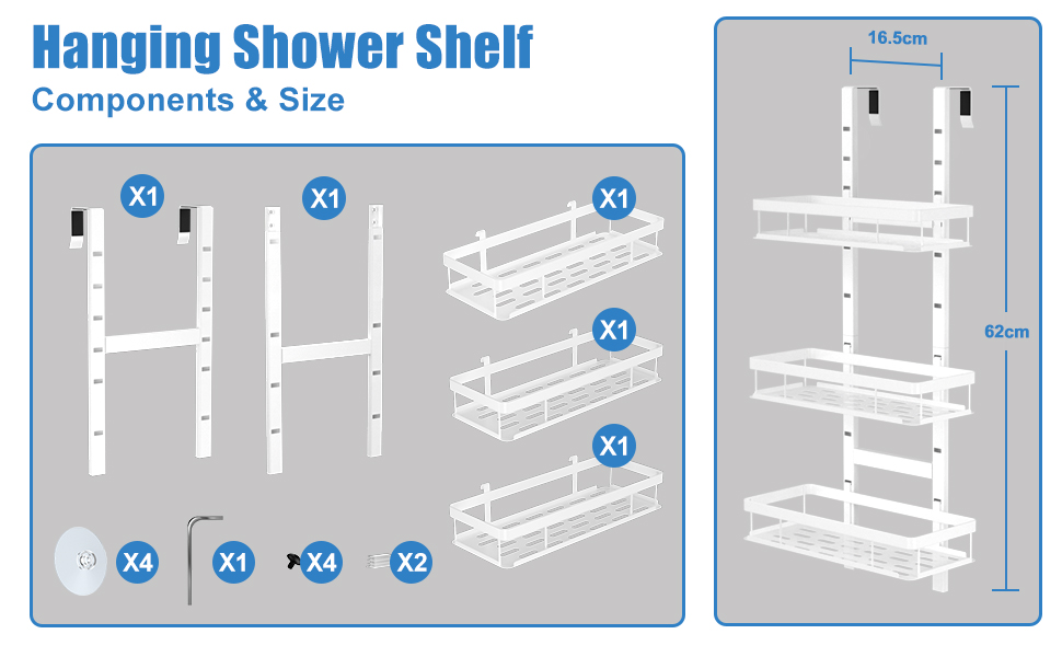 Підставка для душу на кріплення, полиця для душу без свердління для ванної кімнати, органайзер з 2 кошиками, тримач для шампуню (білий, White - 3 рівні)