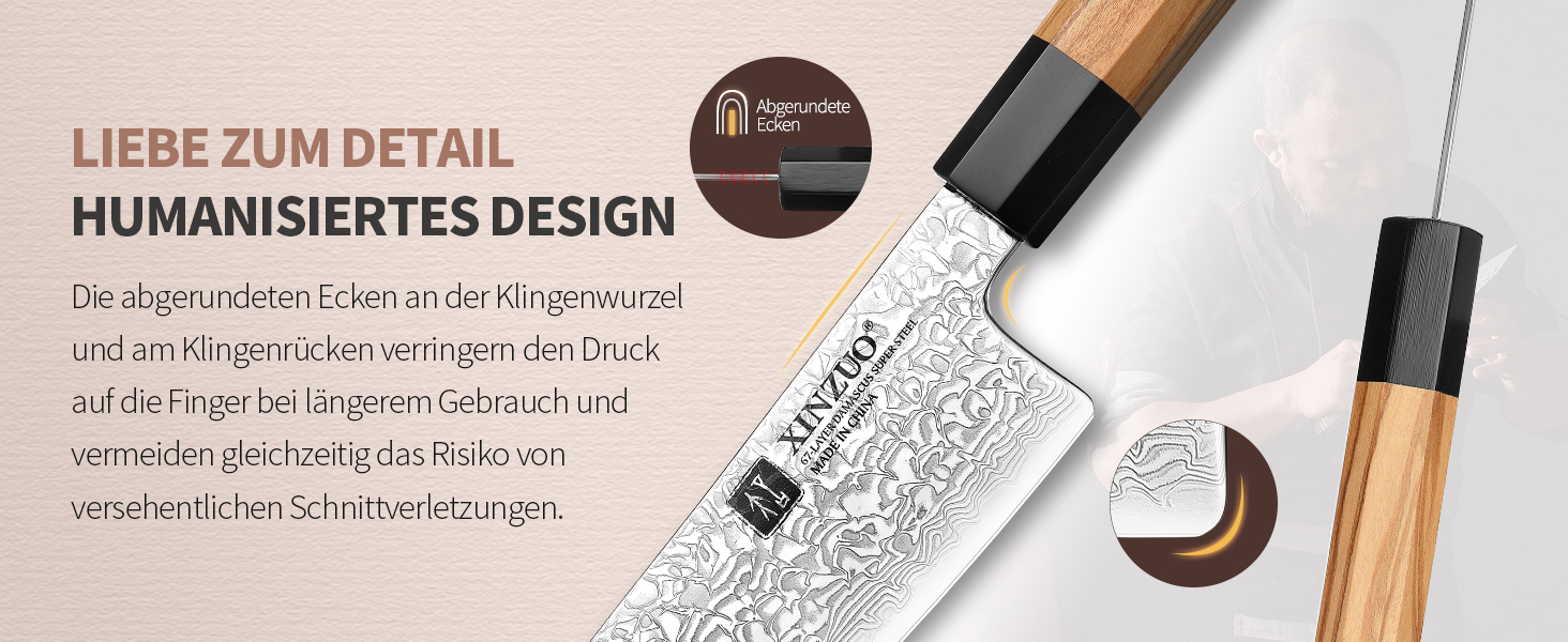 Японський ніж Kiritsuke XINZUO з дамаської сталі, 21.5 см, Gyuto, ручка з оливкового дерева та чорного рогу буйвола, ручна робота, з піхвою