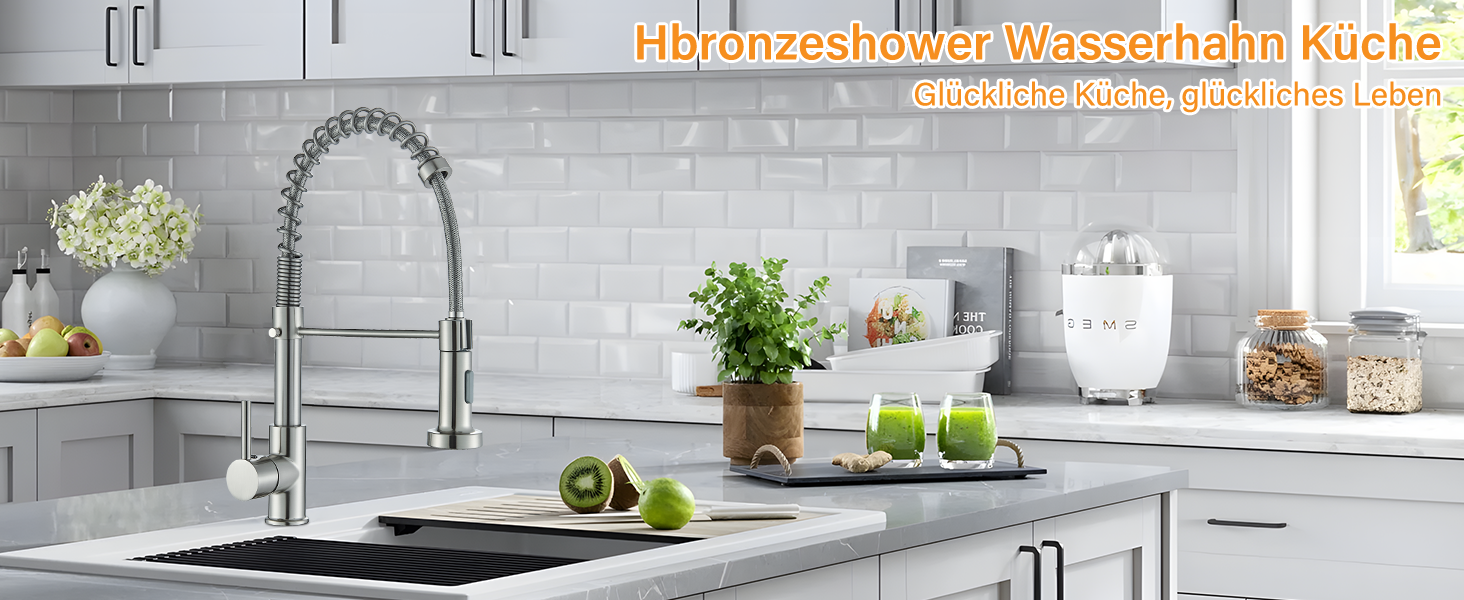 Кран кухонний Hbronzeshower з висувною лійкою, 360° обертання, нержавіюча сталь, щіткований нікель