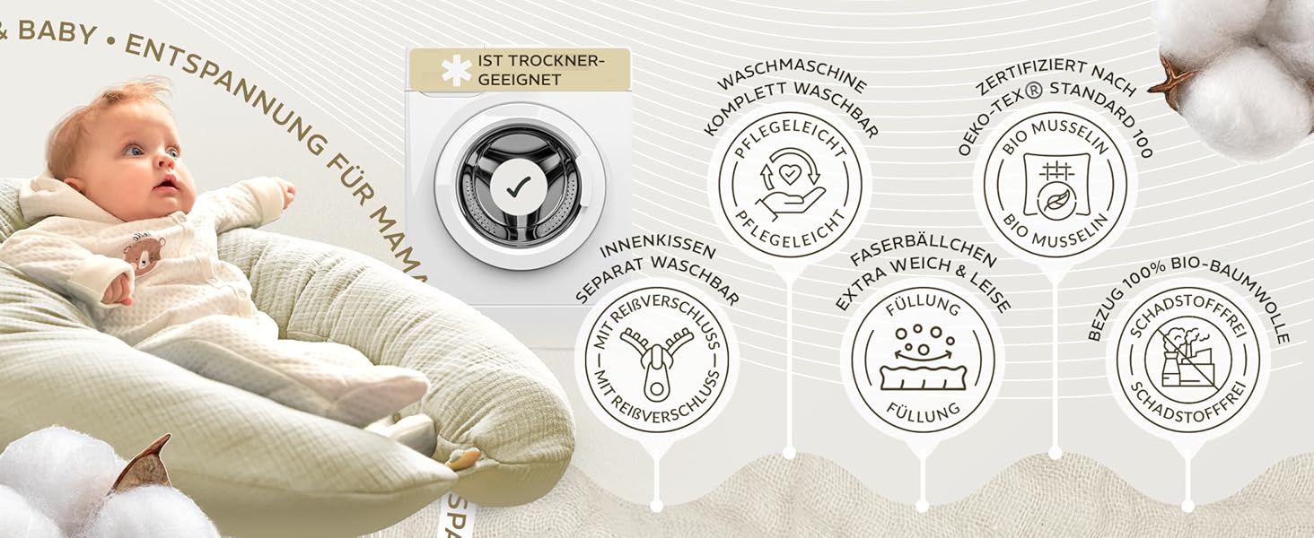 Подушка для годування sei Design XXL 190x30 см з мусліновою наволочкою, ергономічна, для вагітних, для сну на боці, комфортна подушка для дорослих, наволочка з 100% органічної бавовни муслін