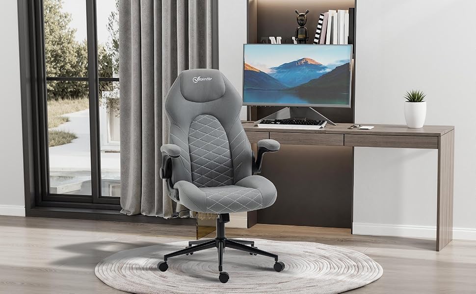Офісний стіл Vinsetto: ергономічне крісло з регульованими підлокітниками та функцією гойдання, м'яке сидіння з мікрофібри, сірий колір