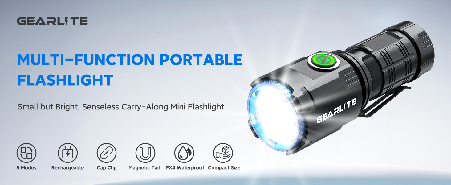 LED ліхтарик GEARLITE EDC Mini - 5000 люмен, 5 режимів, акумуляторний, IPX4, магнітна кришка