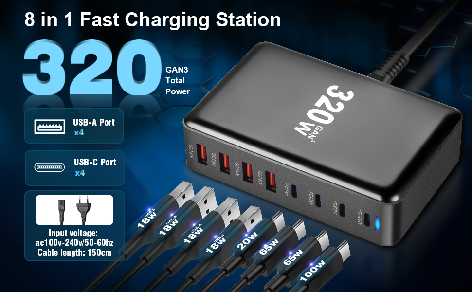 Зарядний пристрій USB C 320W, 8 портів: швидка зарядка USB-A та USB-C, PD PPS 100W для MacBook, iPad, Samsung