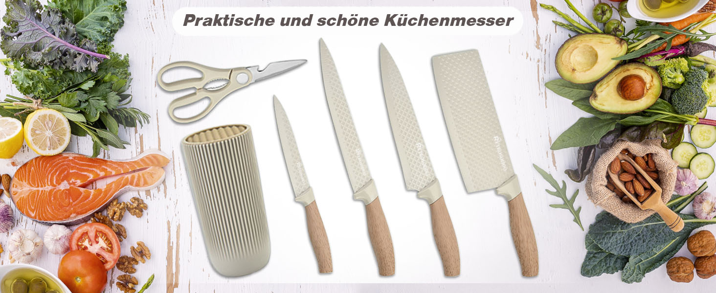 Набір ножів Messer Set, 6 предметів, хакі. Набір кухонних ножів з нержавіючої сталі з антипригарним покриттям та блоком для ножів. Підходить для дому, ресторану, пікніка.