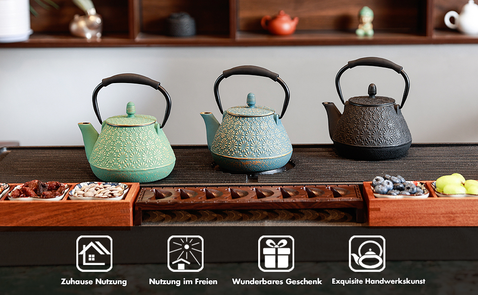 Cast Iron Teapot, 950ml Japanese Cherry Blossom Pattern Teakettle, Stovetop Safe, Infuser for Loose Tea & Coffee, Silicone Handle, Enamelled Interior, 32oz Blue