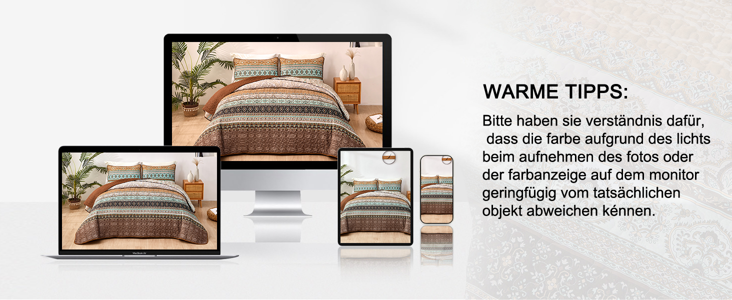 Покривало WONGS BEDDING 220x240 см Boho, стьобане, мікрофібра, 3 предмети: покривало та 2 наволочки 50x70, для двоспального ліжка, коричневе, для спальні чи дивана