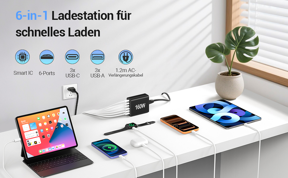 Зарядний пристрій USB 160W, 6 портів (USB-C, USB-A) – мережевий адаптер для ноутбука, смартфонів, iPad, навушників, чорний