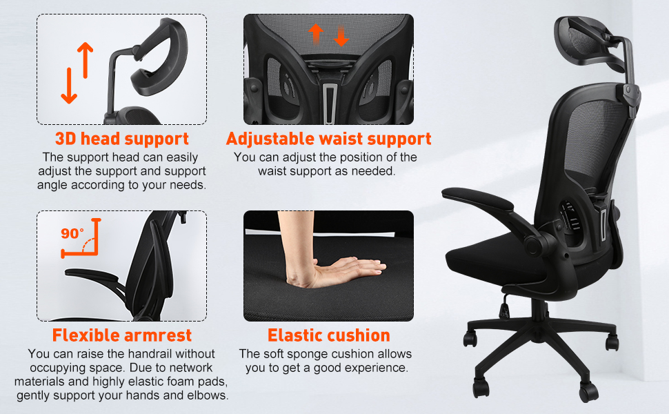 Ергономічне крісло для офісу HANGHAIGO, чорне, з підголівником, підлокітниками та підтримкою попереку, регулювання висоти, функція гойдання 90°-120°, максимальне навантаження 150 кг