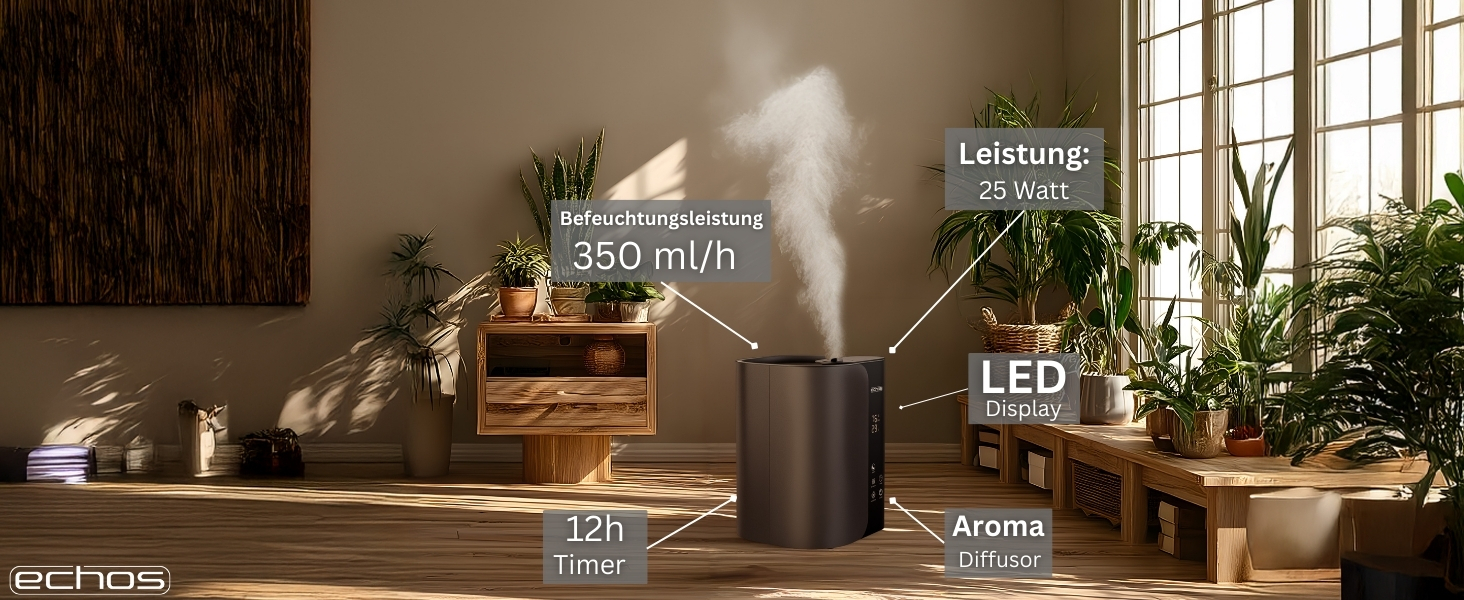 Зволожувач повітря Steinborg® 5 літрів, ультразвуковий, з пульт дистанційного керування, очищувач повітря, гігрометр, LED-дисплей, тихий, потужний, 350 мл/год, відсік для арома-масел, таймер, автовимкнення